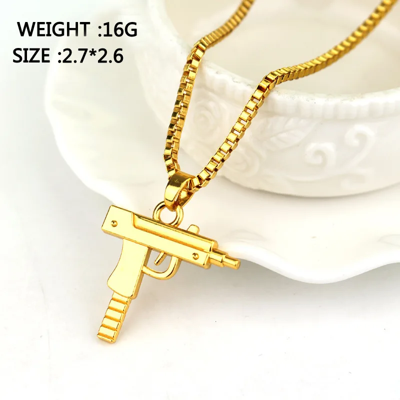 

New Cool Gothic Hip Hop UZI Kolye GUN Shape Pendant Necklace Gold/Black Silver Color Army Style Male Chain Men Necklaces Jewelry