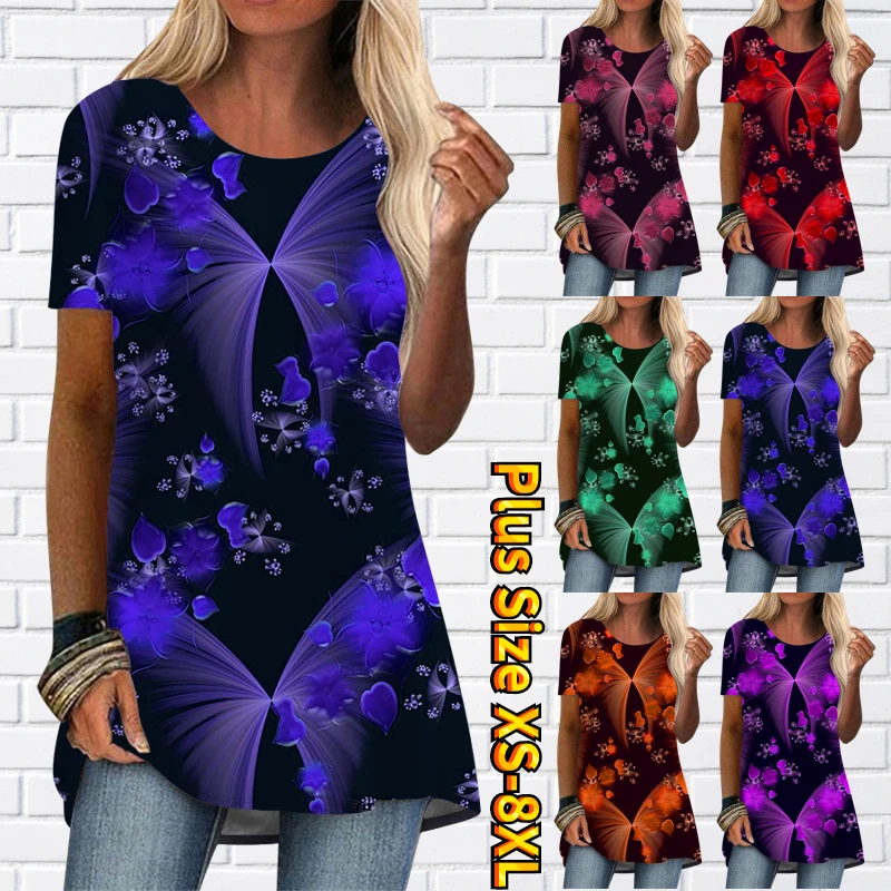 

2022 New Women's Butterfly Printed T-shirt Summer Loose Short-sleeved Round Neck Top Daily Street Oversized Pullover Tee Shirt
