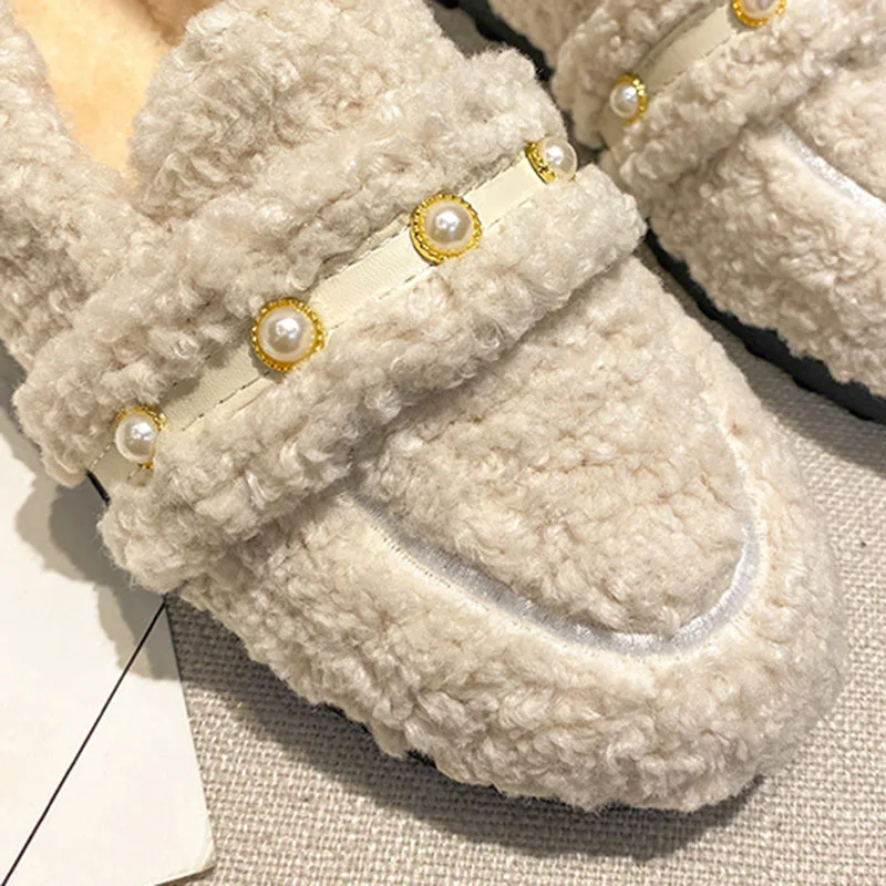 Winter Pearls Lambswool Cotton Shoes Women Home Loafers Warm Curly Sheep Fur Flats Office Lady Mocasines Mujer