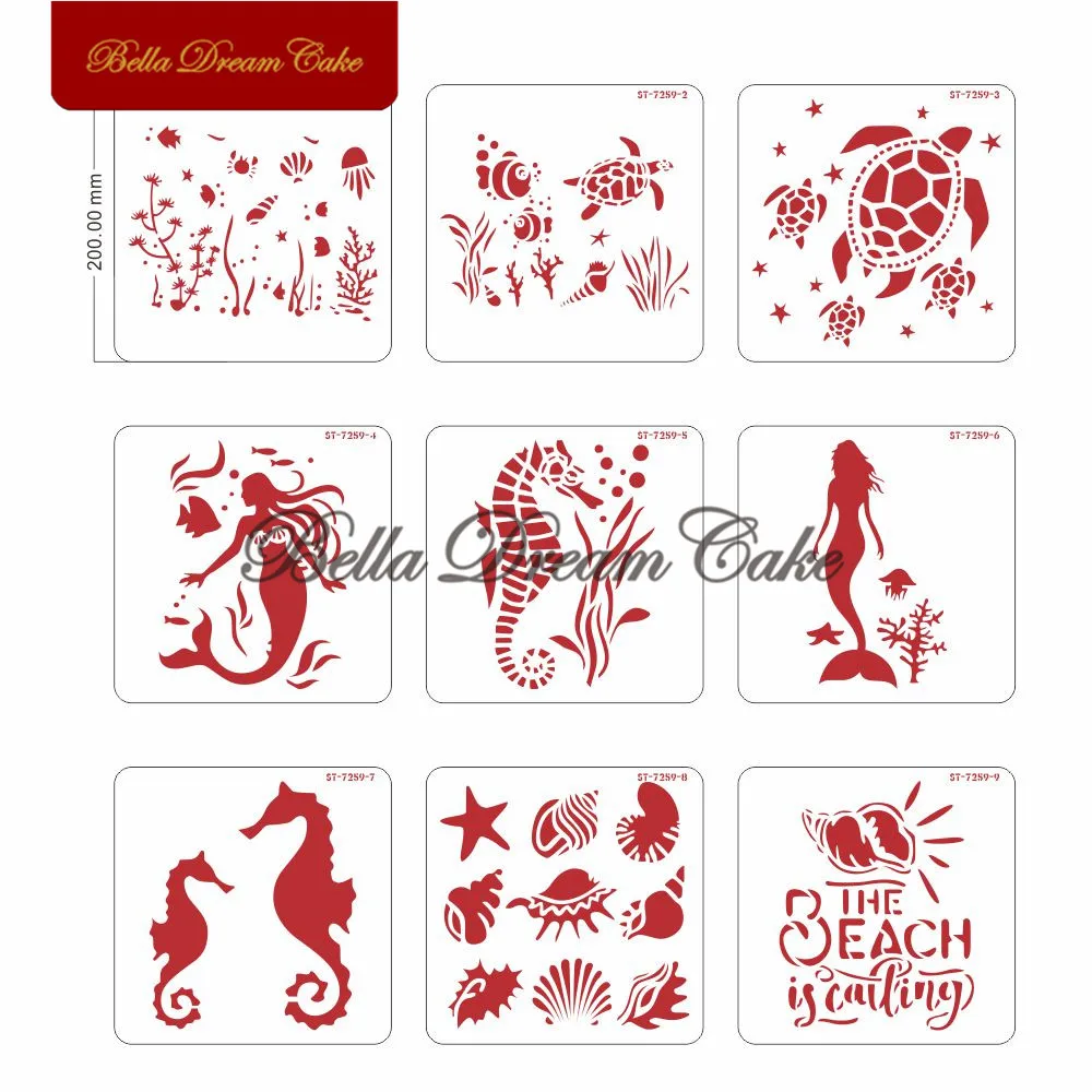9 шт. трафарет с рисунком морской черепахи и русалки для торта шаблон домашних