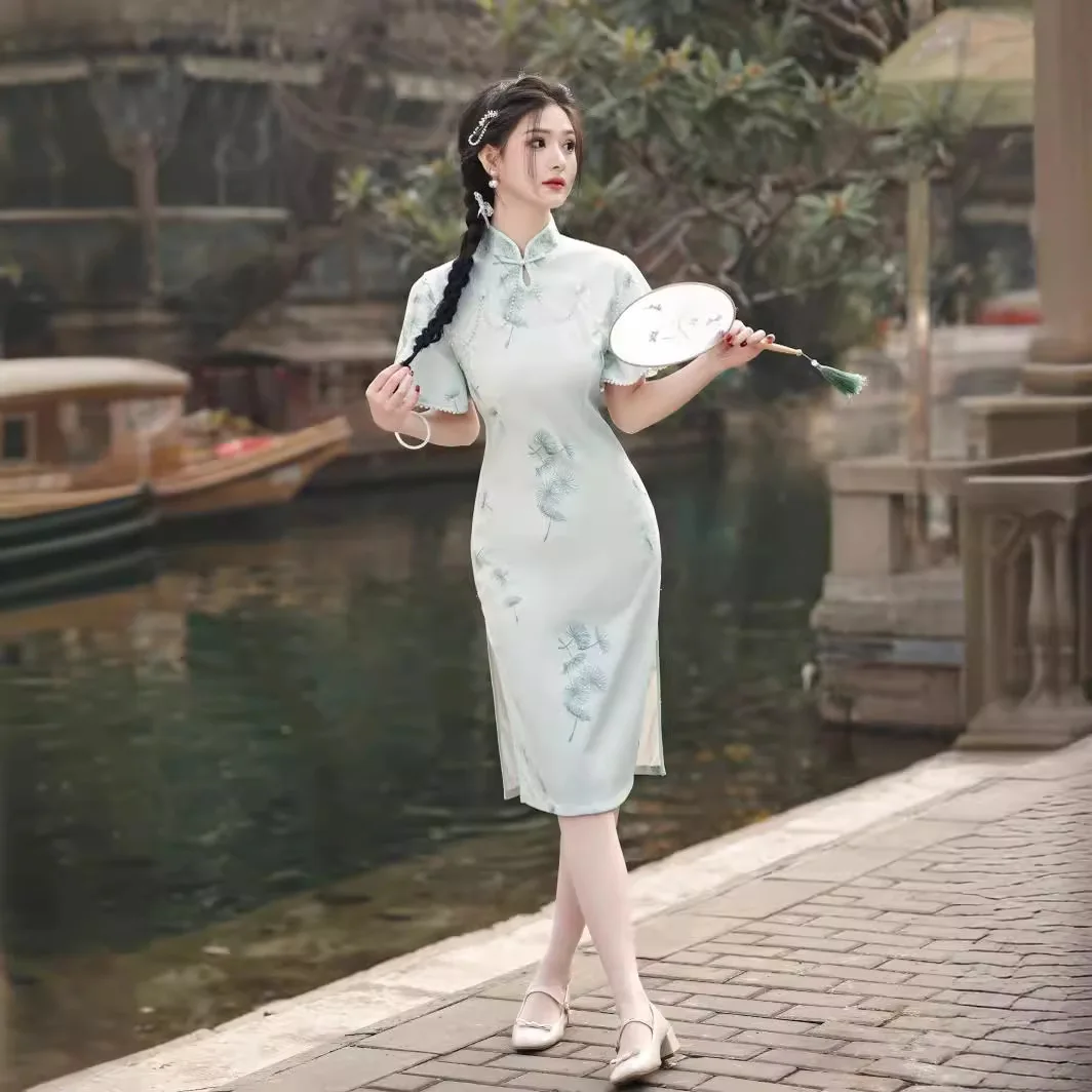 Новинка на весну и лето повседневное китайское платье Qipao с кружевной вышивкой