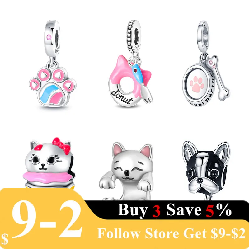 

Cute Charm Sterling Silver Fit Pandora Charm for Original Bracelets Puppy Cat Pet Pendant Fine Jewelry Making for Love