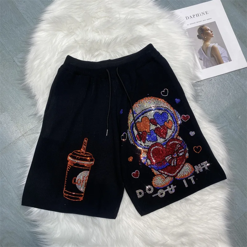 Shiny Rhinestones Pattern Sweater Shorts Elastic Waist Knitting Hot Pants For Summer Stretchy Sweater Short Pants Летние шорты