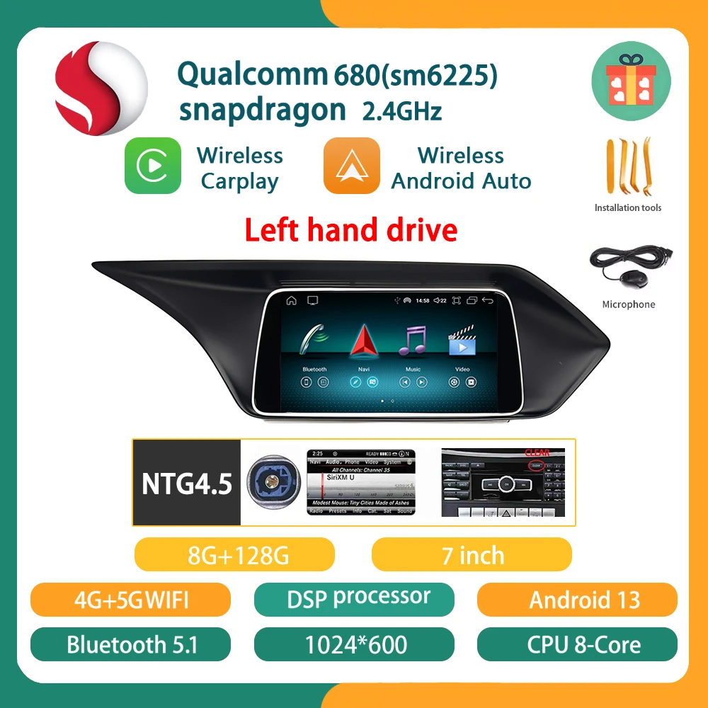 

Qualcomm6225 Snapdragon680 для Mercedes Benz E Class W212, автомобильный видеорадиоплеер, мультимедийный 7-дюймовый Android 13 Auto Apple Carplay