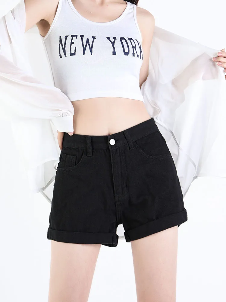 New Spring Summer Women High Waist Slim Fit Black Denim Shorts Casual Female Button Retro Jeans Shorts Bottoms