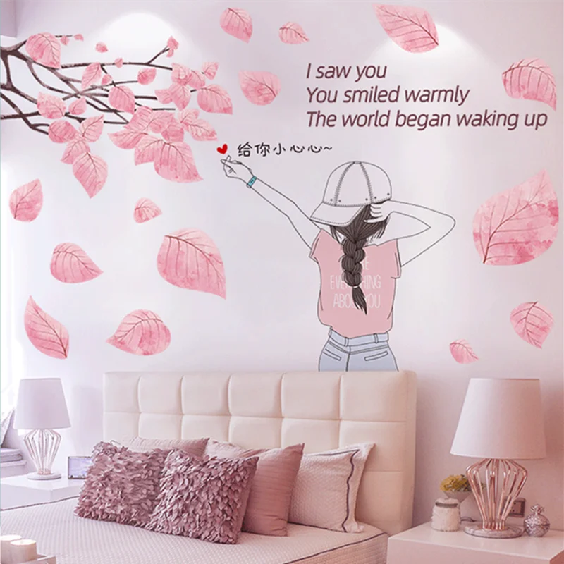 

[SHIJUEHEZI] Pink Tree Leaves Wall Stickers DIY Cartoon Girl Wall Decals for Living Room Kids Bedroom Nursery Home Decoration