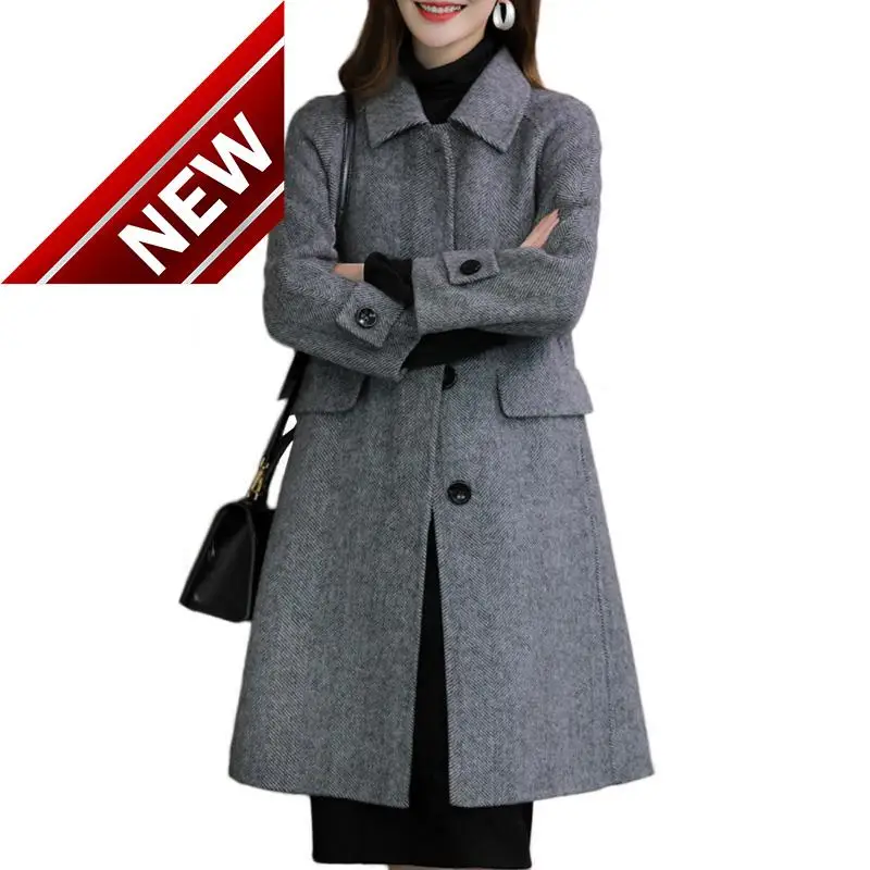 

Женское демисезонное шерстяное пальто средней длины, твидовое пальто в елочку, смешанный серый свободный шерстяной костюм, рукава реглан