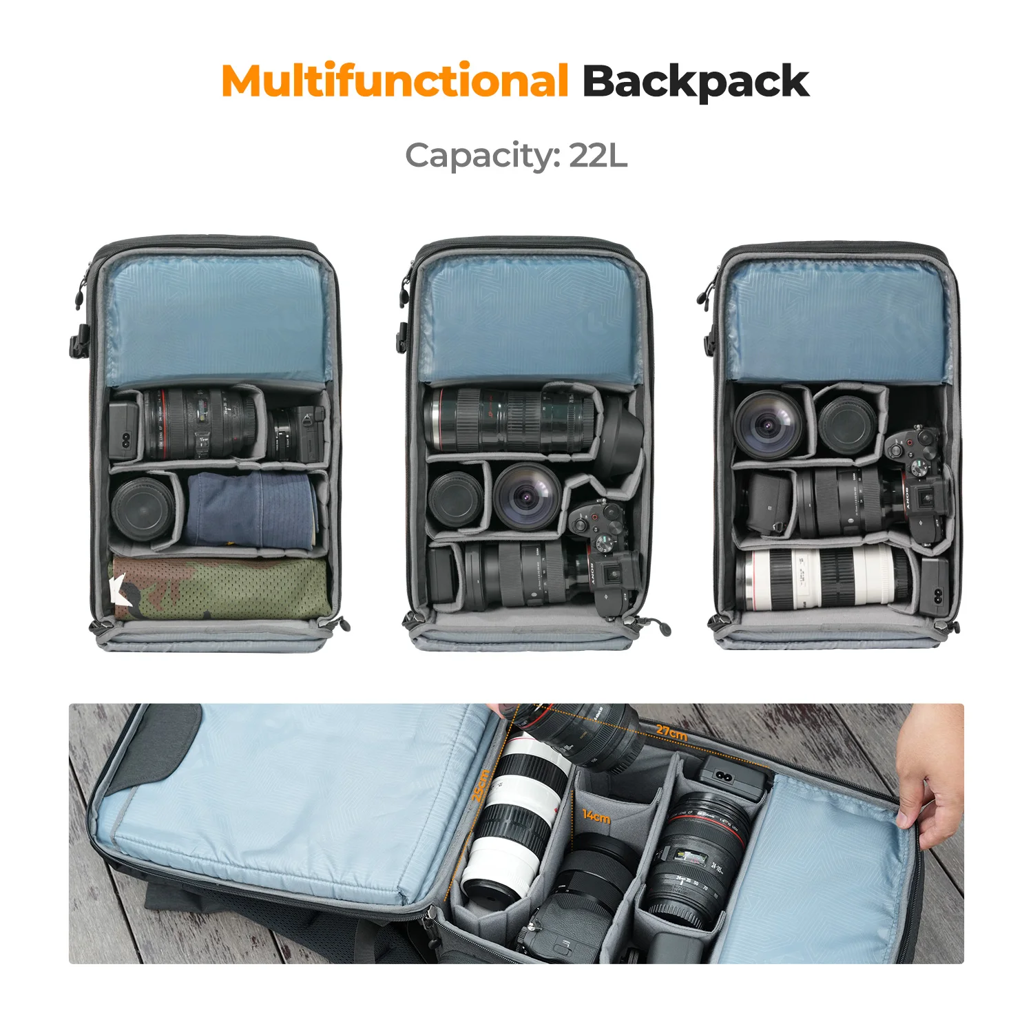 Фото K&F Concept Beta 22L Сумки для фотоаппаратов Легкие профессиональные рюкзаки для фотоаппаратов большой вместимости с дождевиком для ноутбука 15,6 дюймов №4