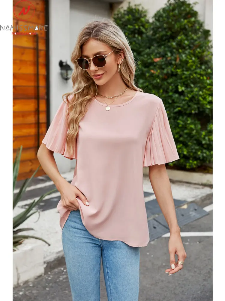 

Fashion Women Summer Solid Color T-Shirts Shrinkage Hollow Out Design Button Decor O-Neck Flare Short Sleeve Loose Pullovers Top
