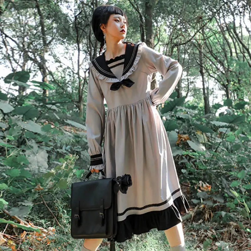 

HOUZHOU Lolita Dress Gothic Style Long Sleeve Dress Women Kawaii Ruffles Patchwork Bow 2022 Spring Sailor Collar Japan Sundress