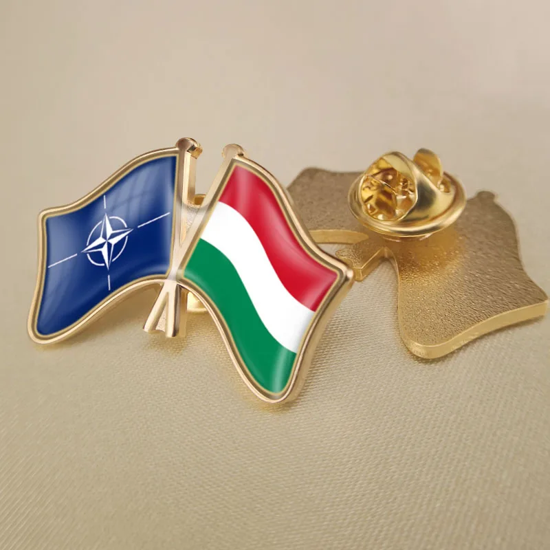

North Atlantic Treaty Organization NATO and Hungary Crossed Double Friendship Flags Lapel Pins Brooch Badges