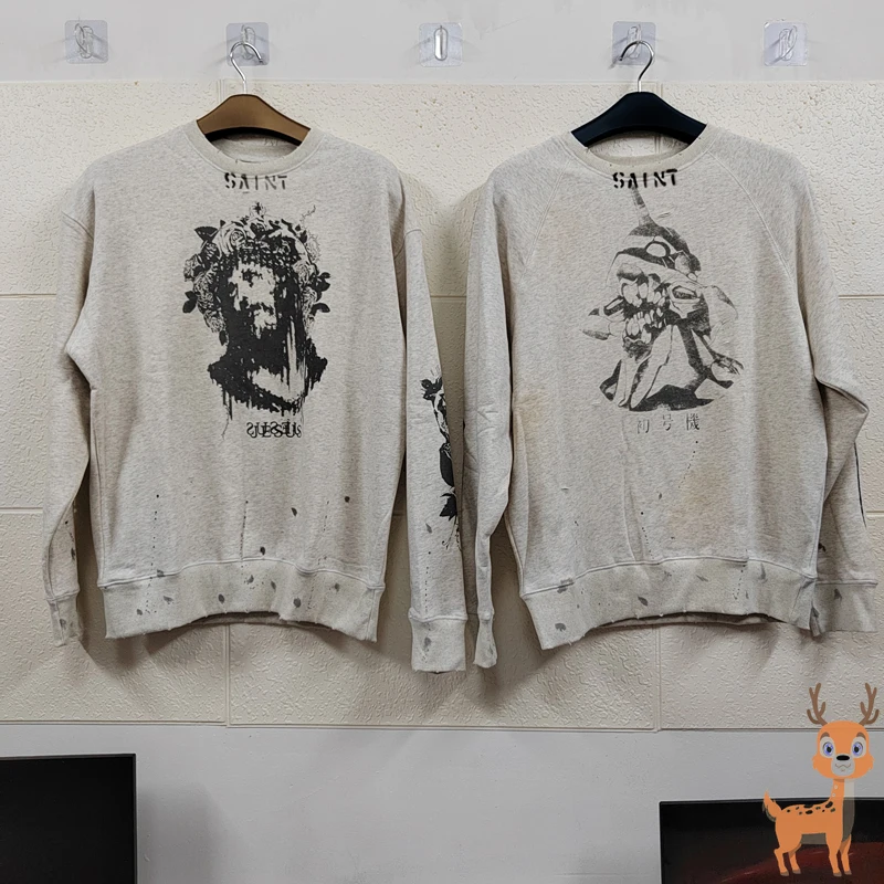 

Saint Graffiti Print Destruct Pullover Washed Make Old Loose Crew Neck Hoodie Men Women Sweatshirts