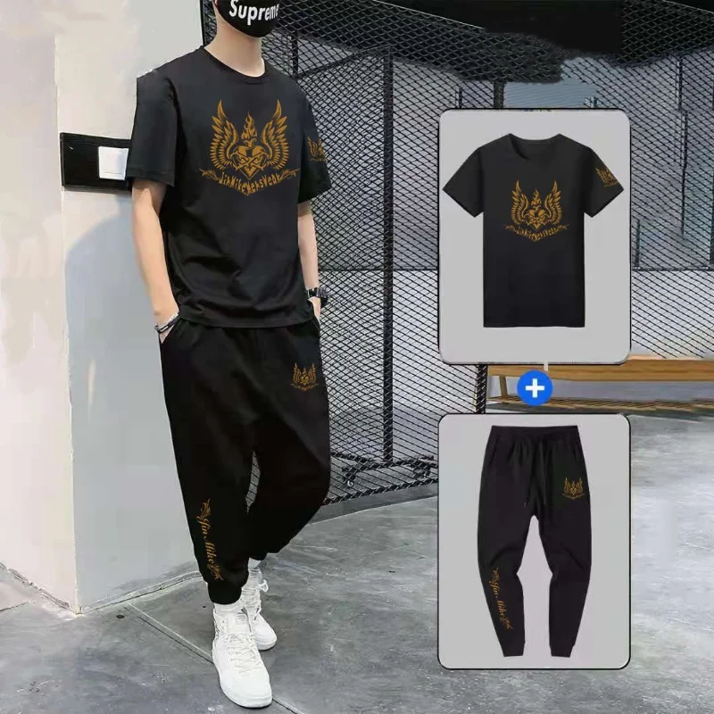 Summer Men's Suit Casual Cotton Short-Sleeved Trousers Two-Piece Youth Fashion Printed Sportswear Men's Trend