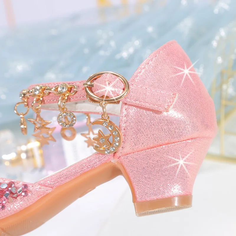 Сандалии для девочек блестящие туфли принцессы с бантом на высоком каблуке