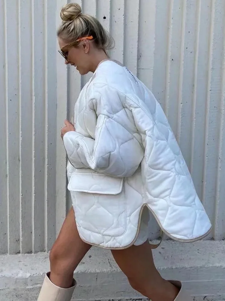 

Women's Winter Coats 2022 Winter Streetwear V-neck White Patchwork Cotton Jacket Single Breasted Loose Parkas Irregular Hems Top