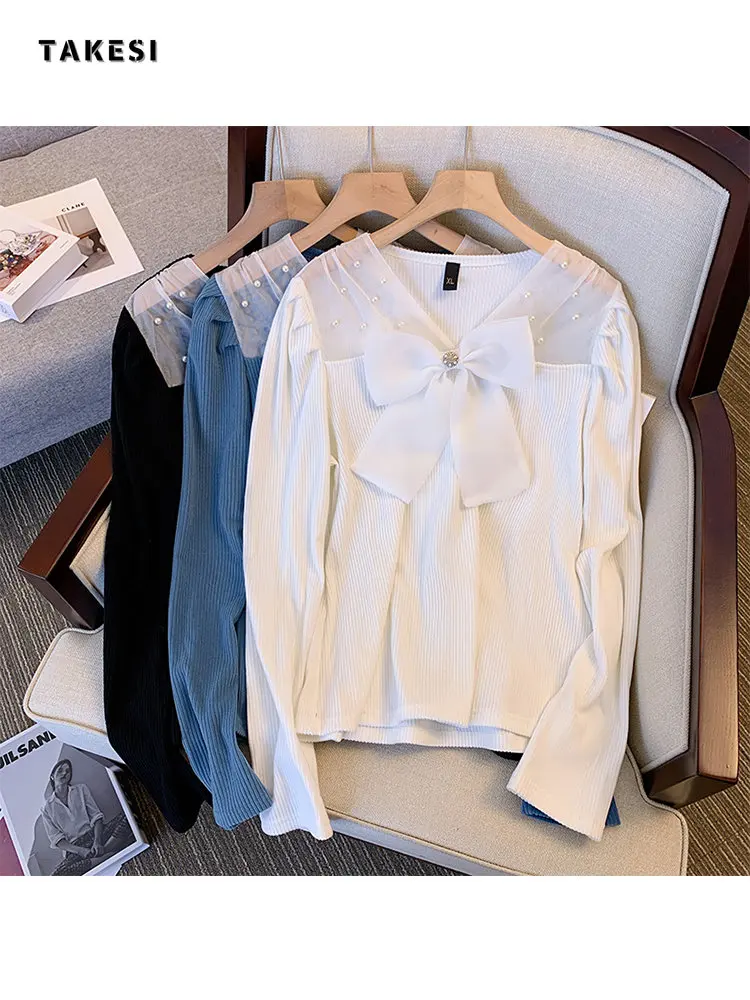 

2022 Autumn Women Bow Lace Patchwork Shirts French Style Sweet Chic Streetwear Top All-match Fahion Soft Office Ladies Tops