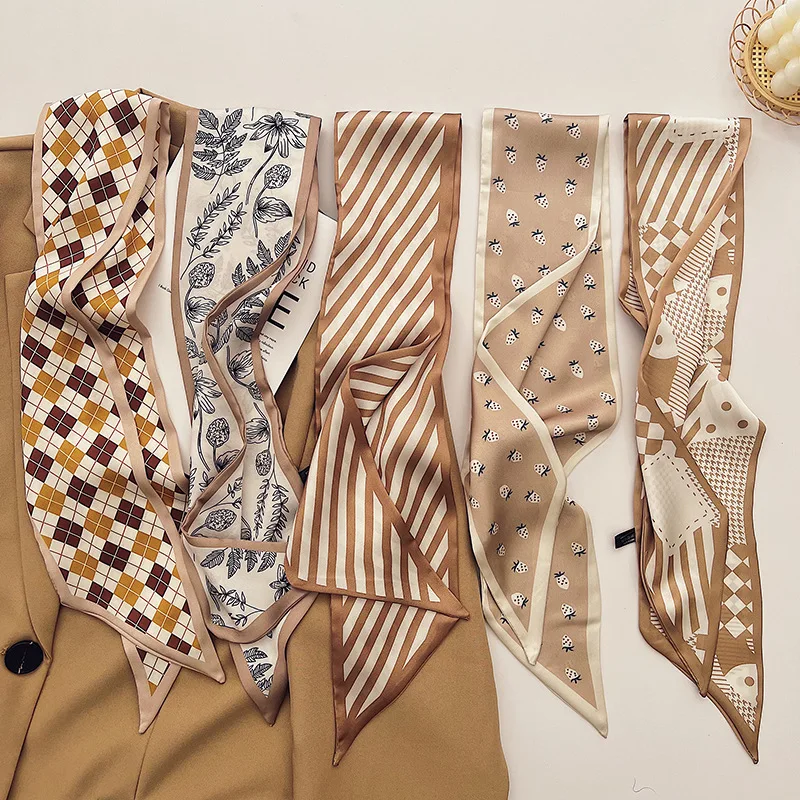 

Luxury Silk Skinny Scarf 2022 Fashion Bag Handle Ribbon Ladies lattice Print Headband Small Hair Scarves Band Female