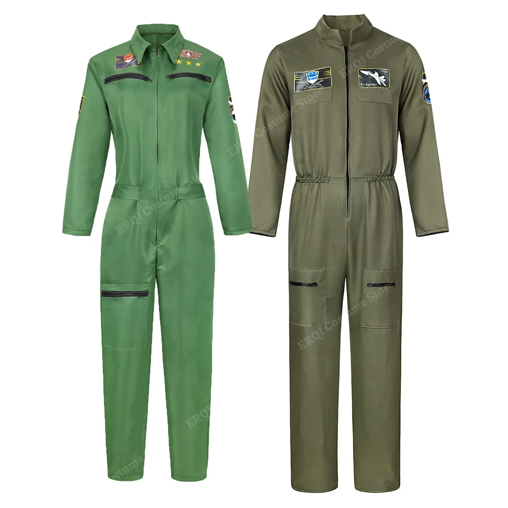 

Pilot Costume Men Women Fighter Pilot Costume Adult Plus Size TOP GUN Costume Cosplay Military Pilot Uniform Army Green Dress