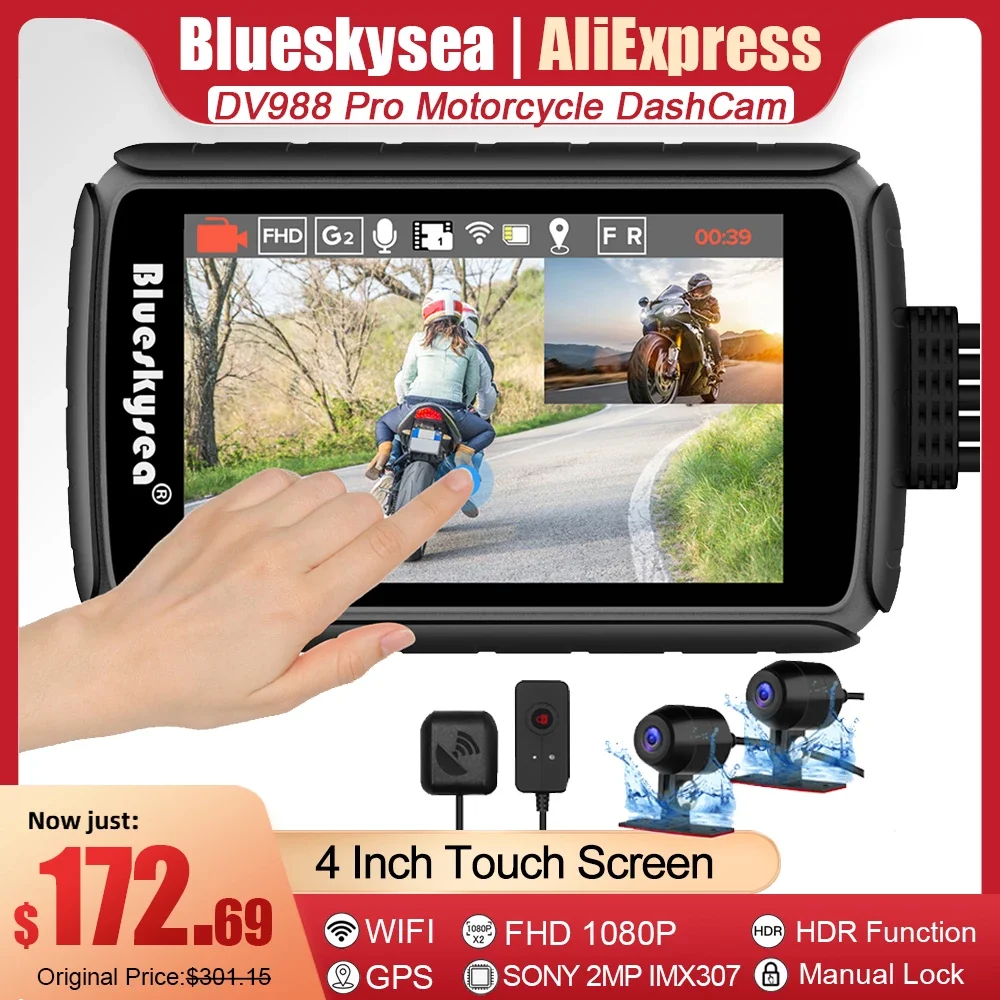 

Blueskysea DV988 Pro 4 Inch Motocycle Camera WIFI 1080P DVR Front Rear Dual Camera Moto Dash Cam Recorder Waterproof GPS DashCam
