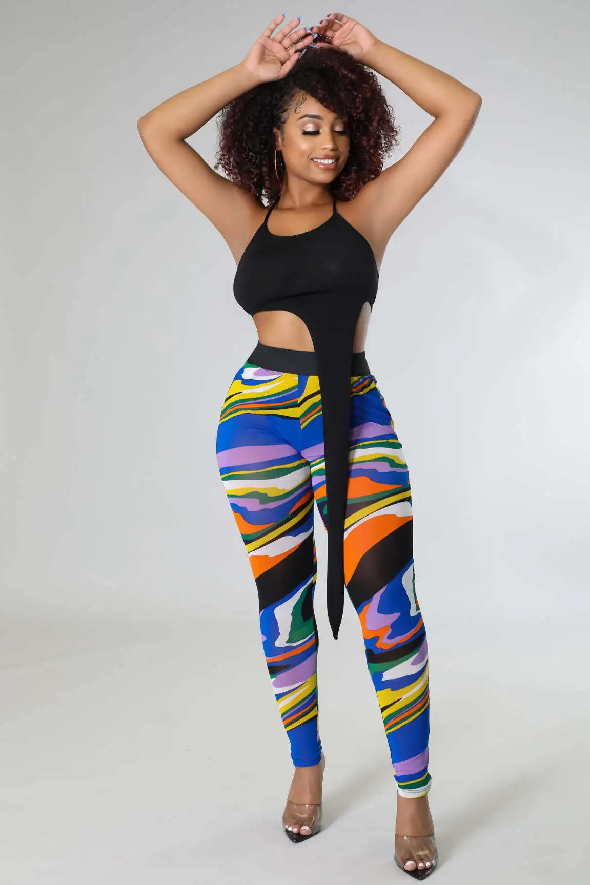 

Летний пикантный укороченный топ на шнуровке с открытой спиной с принтом, прозрачные сетчатые брюки, спортивный костюм, женский клубный нар...