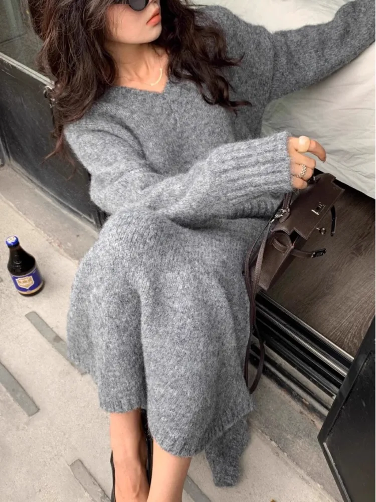 Минималистичный комплект свитера юбка для женщин осенью и зимой пуловер с