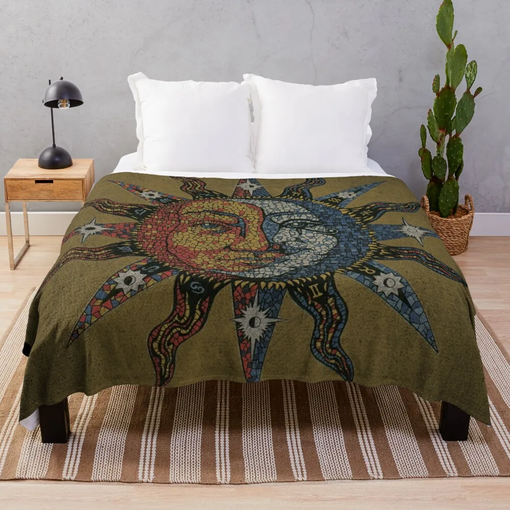

Mosaico celestial do vintage sun & moon lance cobertor de pelúcia rainha tamanho cobertor de malha xadrez fina cobertores