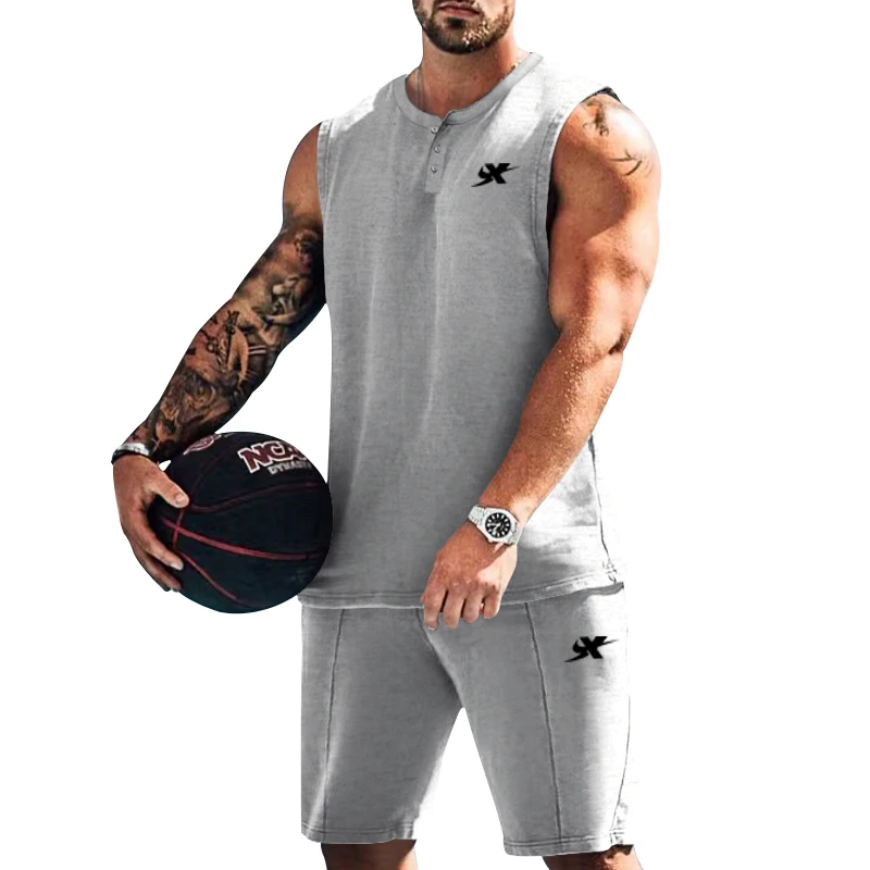 2023 Men's True or False Set Round Neck Sleeveless Casual Top+Sports Drawstring Elastic Waist Fitness Shorts Boutique Two Piece