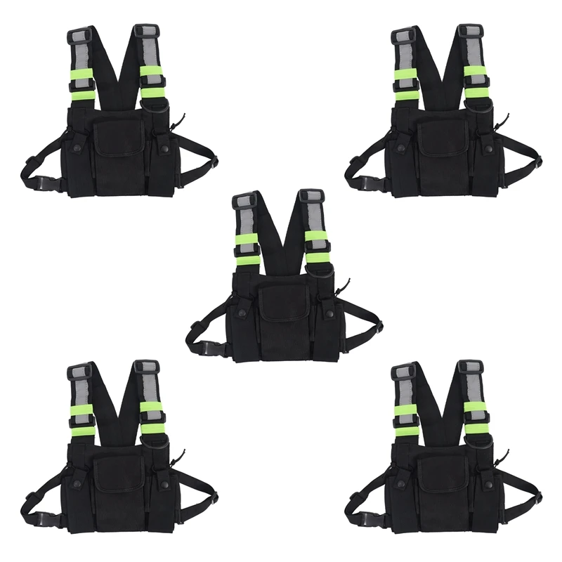 

5X Radios Pocket Radio Chest Harness Chest Front Pack Pouch Holster Vest Rig Carry Case For 2 Way Radio Black+Green