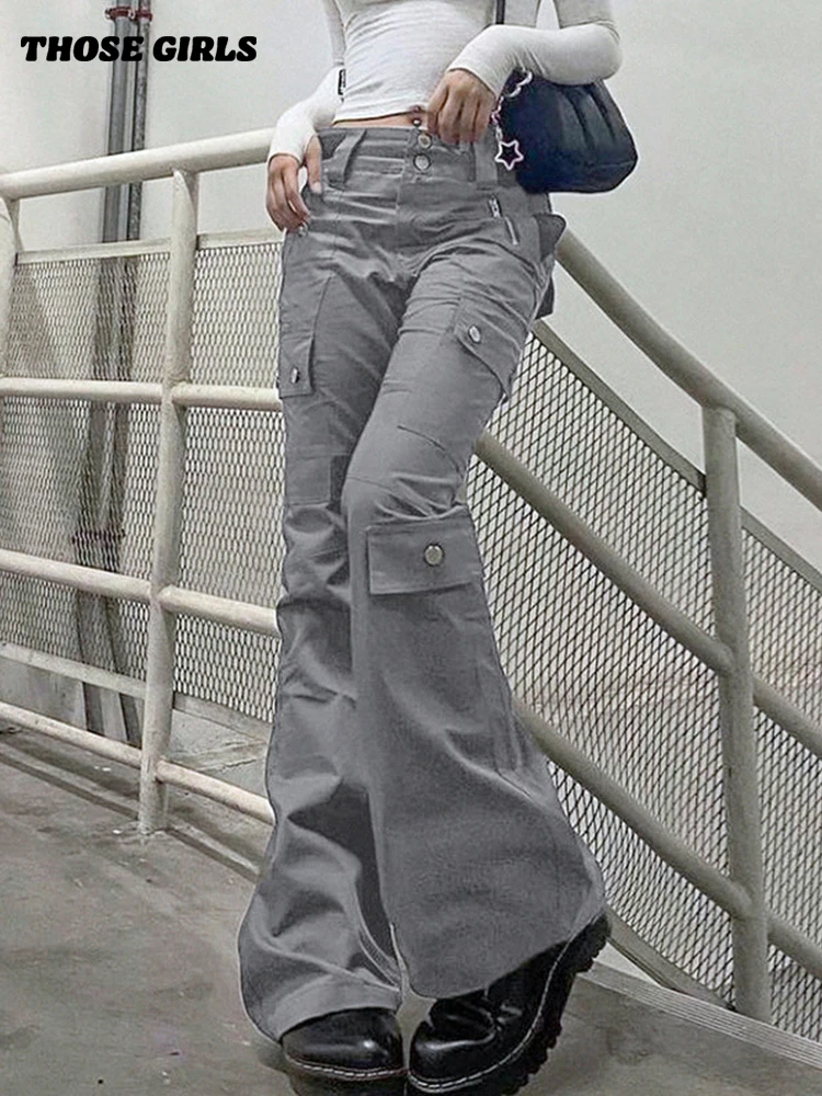 

Gray Retro High Waist Pocket Straight Jeans Women Y2K Street Personality Trend Loose Button Tooling Jeans Women Casual Trousers