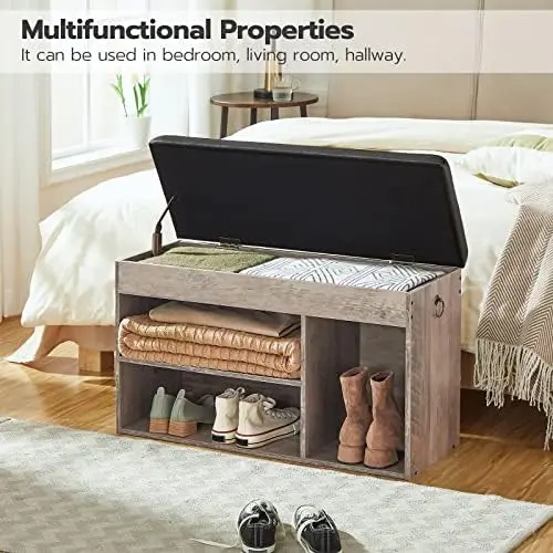 

Storage Bench with Padded Cushion, Entryway Bench with Flip-Open Storage Box and Adjustable Shelf, Shoe with Hidden Compartment