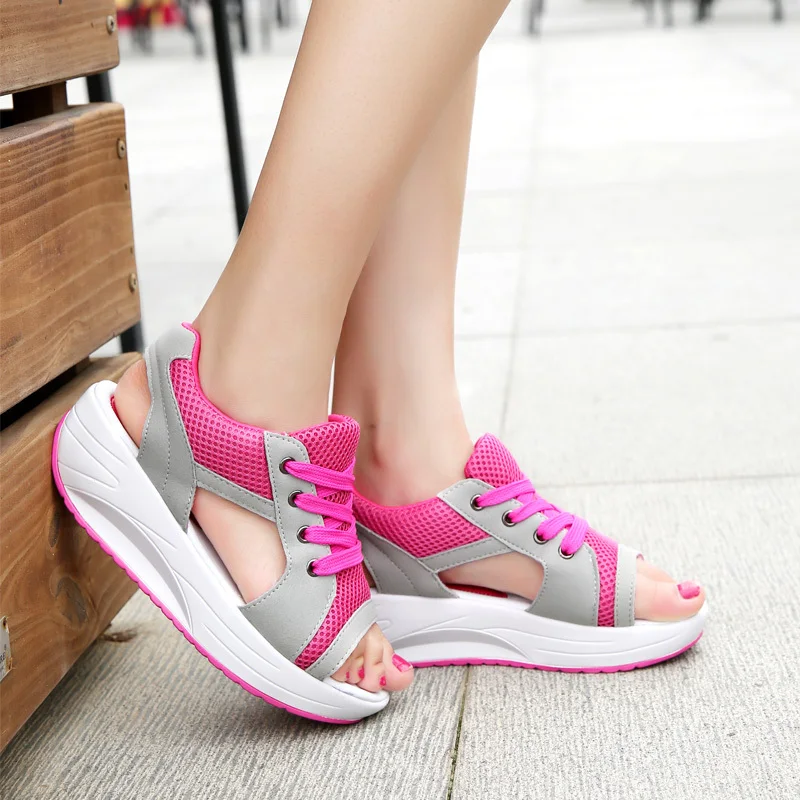 New in Sandals Women Summer Fish Mouth Open Toe Lace Up Women Sandals Fashion Breathable Mesh Casual Platform Shoes Female