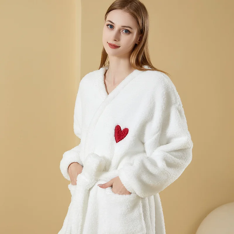 

Autumn Winter Warm Thickened Coral Fleece Sleepwear Women Flannel Robe Kimono Bathrobe Gown Nightdress Loose White Home Wear