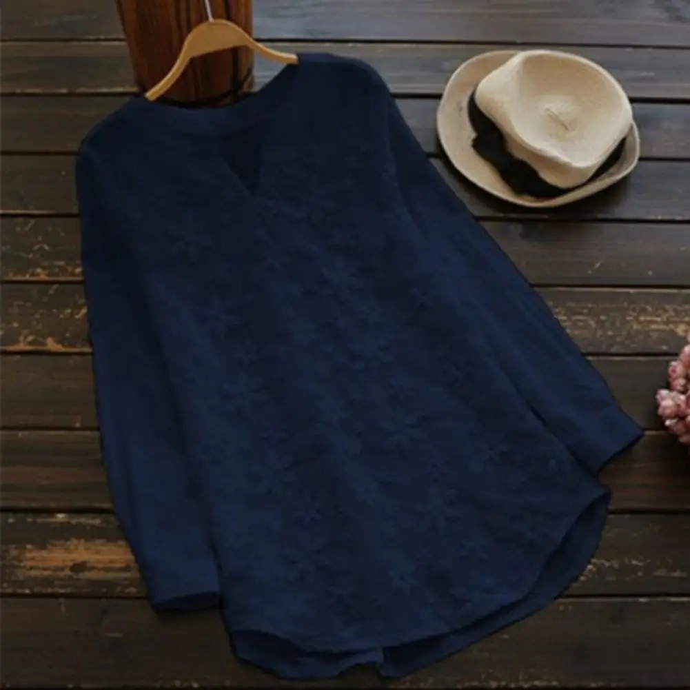 

Breathable Women Top Vintage-inspired Women's V-neck T-shirt with Floral Embroidery Soft Solid Color Fabric for Casual Spring