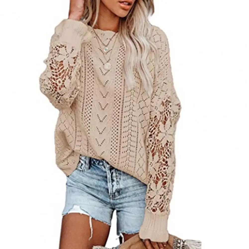 

Autumn Women Sweater Hollow Out Long Sleeves Crew Neck Lace Pullover tops Loose Sweater Winter