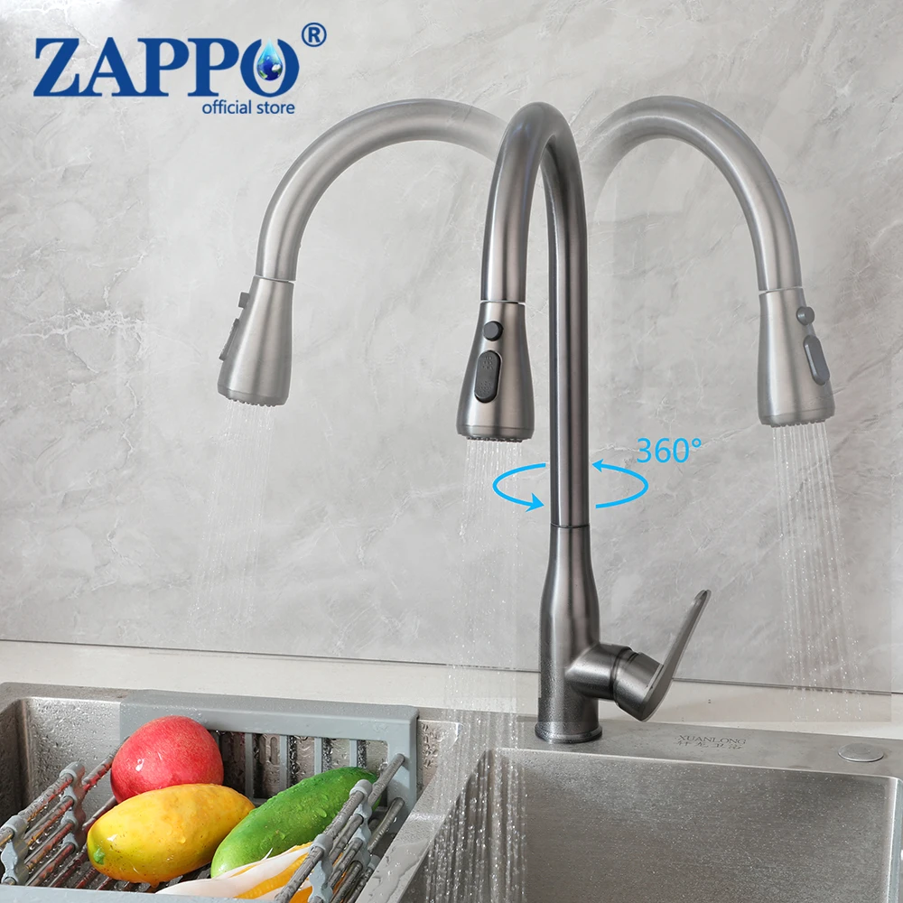 

ZAPPO Grey Kitchen Faucets Pull Out Flexible Kitchen Sink Faucet 3 Ways Sprayer Hot Cold Water Mixer Taps Deck Mounted Tap
