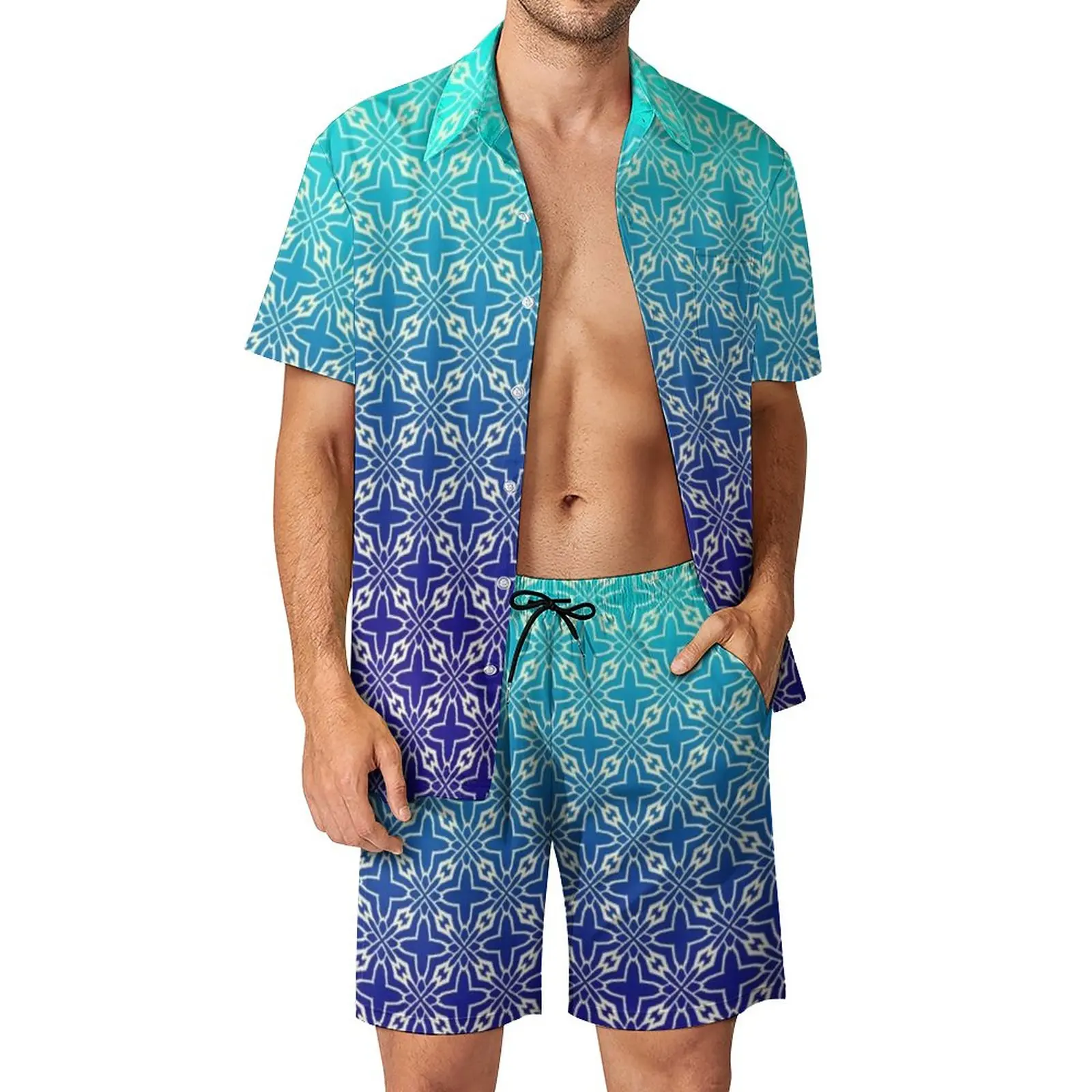 

Two Tone Light Blue Men Sets Medium Star Tile Pattern Casual Shorts Beach Shirt Set Hawaii Graphic Suit Short Sleeves Plus Size