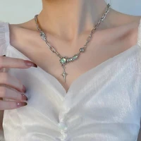 unique faux moonstone titanium steel women girl elegant four pointed star pendant necklace clavicle chain women necklace