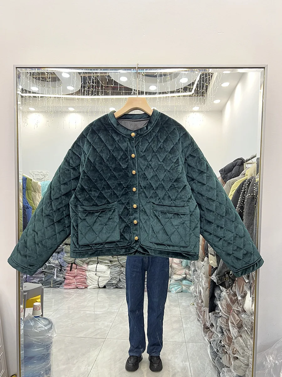 

2023 new velvet down jacket for women short anti-season fashion diamond check round neck thin coat winter tide