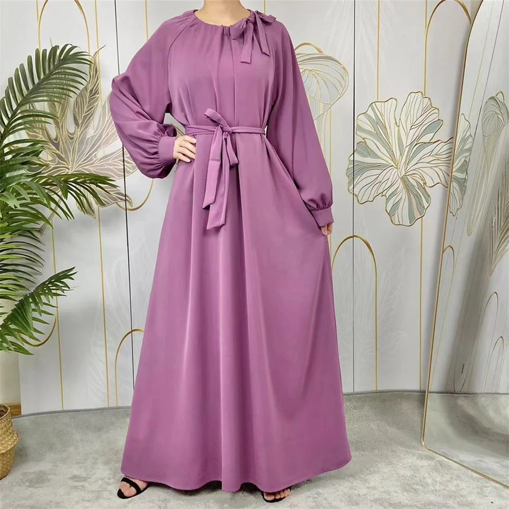 Sleeves Abaya Dress With Belt Muslim Fashion Islam Clothing Dubai Plain Loose Abaya Dress