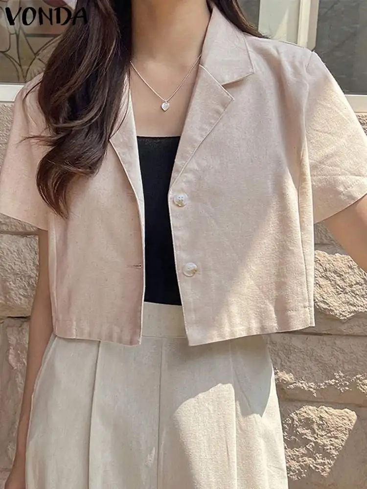 

VONDA Fashion Tunic Women Shirts Summer Tops 2023 Vintage Short Sleeve Buttons Casual Solid Blouses Loose Party Female Clothing