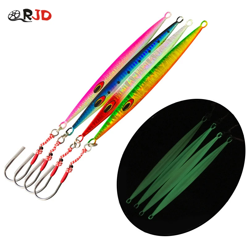 

ORJD Deep Sea Metal Jig Fishing Jigbait Casting Spoon 80G Trolling Saltwater Lures Isca with 3D Eyes Feather Treble Hooks