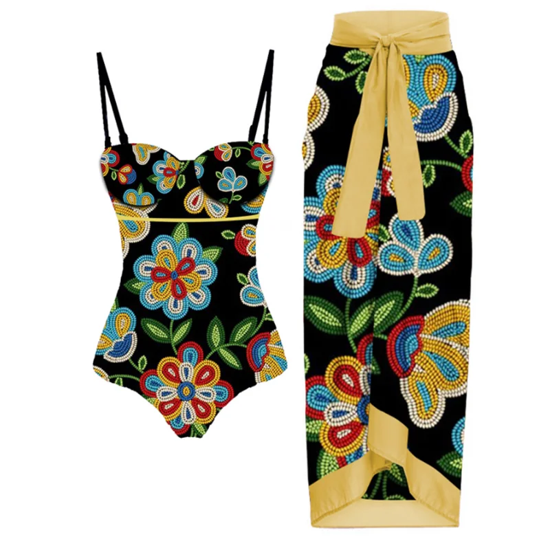 Color Flower Print One Piece Swimsuit Women's Sling Gathering Slim Bikini Suit High Waist Backless Sexy Beachwear Push-ups