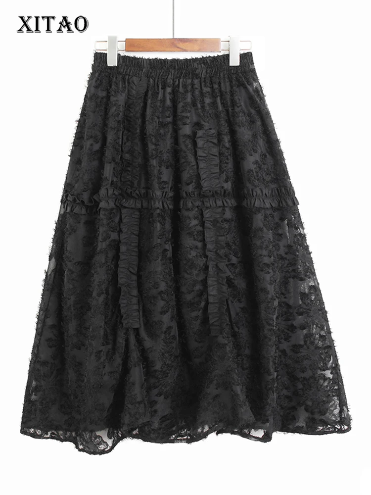 

XITAO Black Lace Skirt Loose Fashion Simplicity Temperament Women Irregular Edible Tree Fungus Splicing A-line Skirt ZY8324