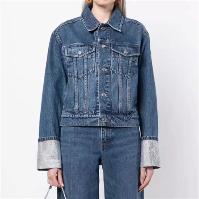 

Women Jacket 2023 Summer New Korean Fashion Artificial Crystal Cuffs Women's Coat Vintage Washed Cotton Denim Long Sleeved Top
