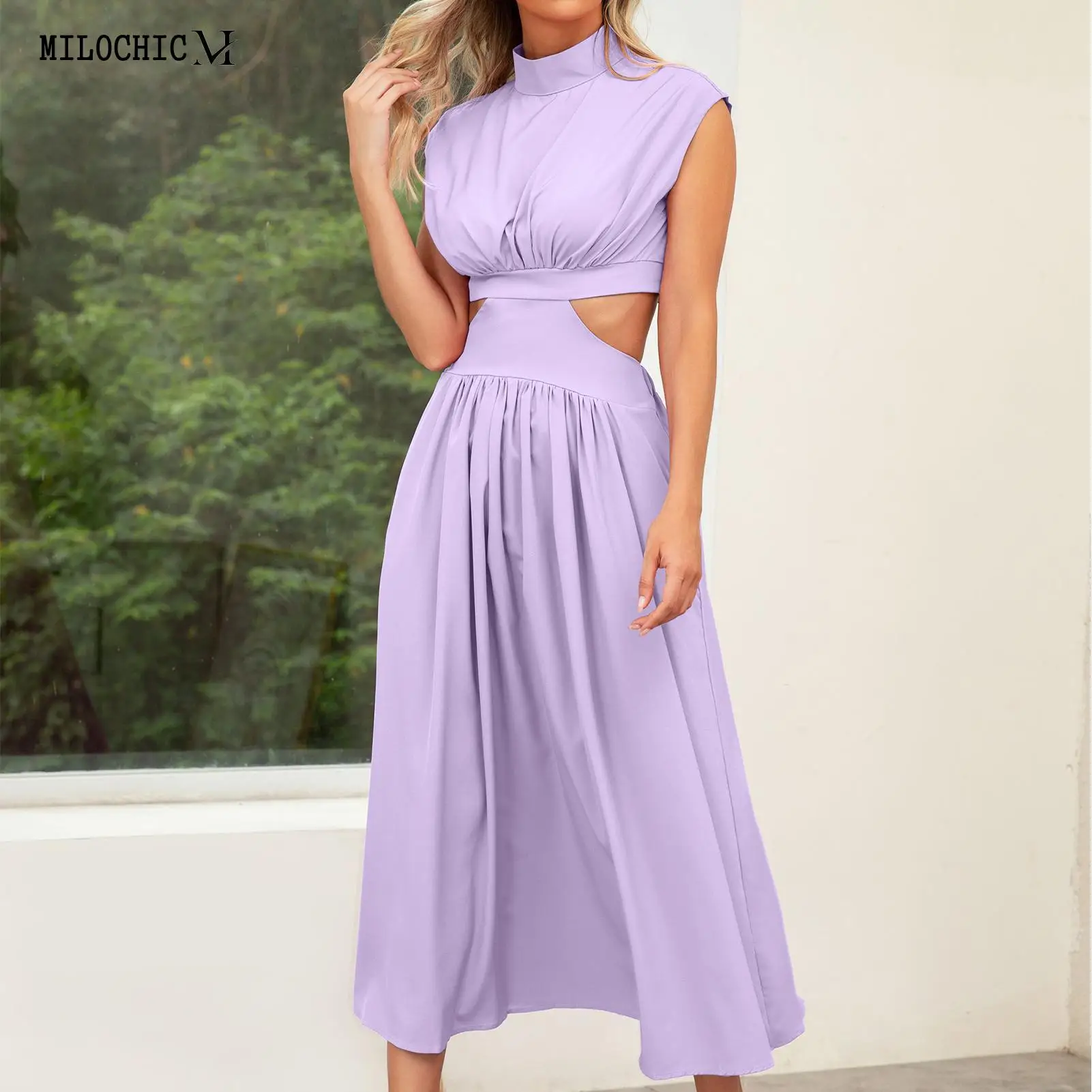 

Ladies Summer Maxi Dress Cutout Waist Women Bodycon Midi Dress Solid Color Short Sleeve High Neck Cocktail Party Clothing