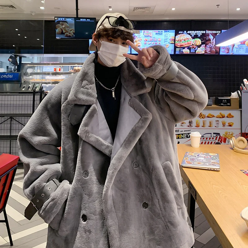 Winter Jacket Men Warm Fashion Double Breasted Thicken Plush Jacket Men Streetwear Korean Loose Thick Short Coat Mens Clothes