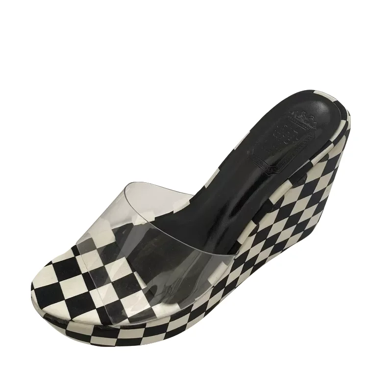 2022 Checkerboard Mixed Color High Heels PVC Transparent Women's Slippers Platform Wedges Peep Toe Black Green Slides Slip On