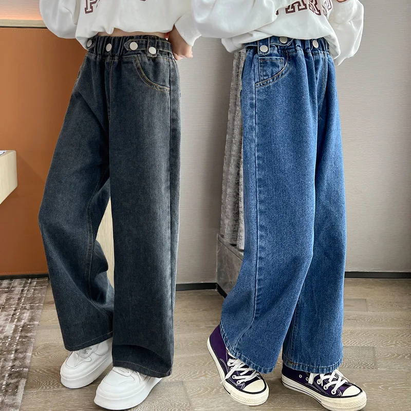 Купи Girls Denim Wide Leg Pants Fashion Button Straight Children Jeans Elastic Waist Loose Trousers Spring Autumn Kid Girls Clothing за 1,146 рублей в магазине AliExpress