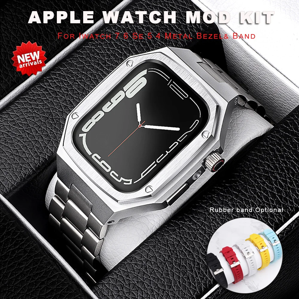 

Rubber &Stainless steel Modification kit for Apple Watch Case& Band 7 45mm 41mm 4 5 6 SE 44mm 40mm metal straps for iWatch Mod