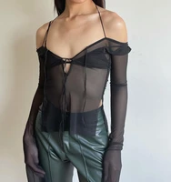 mesh see through women crop tops summer shoulderless long sleeves v neck halter tops 2021 female praty nightclub t shirt